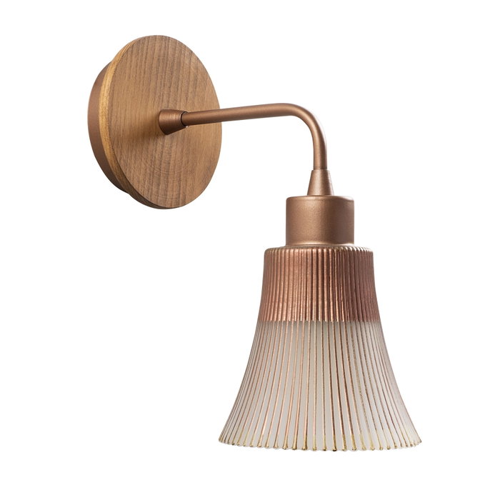 Opviq Aplique de Pared N-130, Lámpara de Cobre Moderna, Cuerpo Metálico, Base Madera, Diámetro 13cm, Alto 28cm